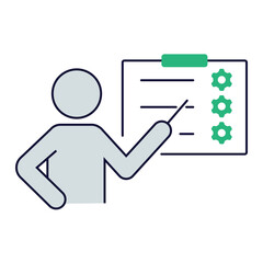 Task Assignment with Settings. Person pointing to clipboard with gears for managing technical tasks