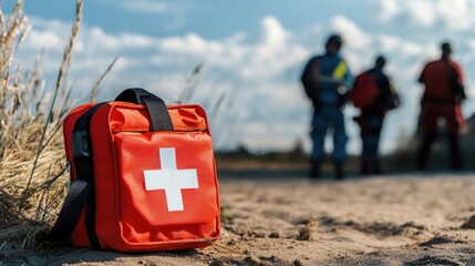 Emergency Kit and Rescue Team in Background. Red first aid kit sits in focus as rescue workers stand by emergency vehicles, ready for medical response.
