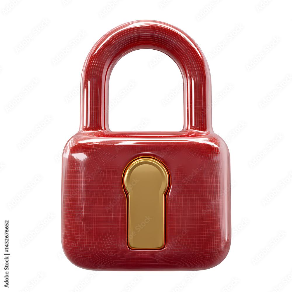 Poster red padlock with gold keyhole 3d render isolated on transparent background