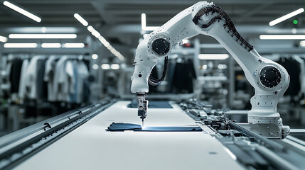 A robotic arm in a futuristic clothing factory, cutting and stitching fabric with AI precision, Fashion-tech style