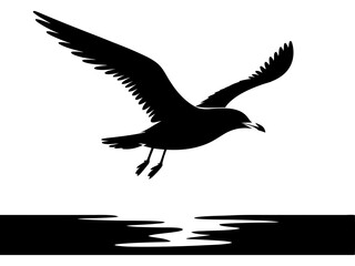 Silhouette of a seagull flying over the sea