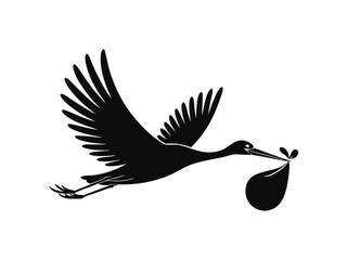 Flying stork carrying a baby bundle silhouette vector illustration