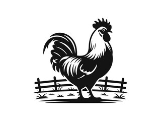 Rooster silhouette standing near wooden fence vector illustration