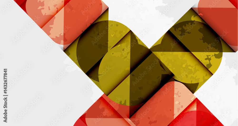 Poster Abstract geometric composition. Overlapping shapes, warm colors, textured surfaces create dynamic visual effect. Minimalist design.