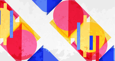 Abstract geometric shapes overlap. Bright colors dominate composition. Texture suggests rough surface. Modern design elements present.