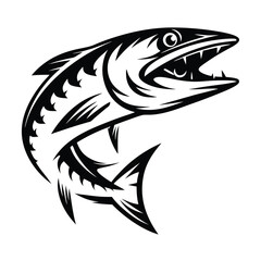 Jumping Barracuda Black and White Outline with Sharp Teeth Isolated