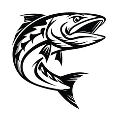 Detailed Black and White Leaping Salmon with Fin Details on Plain Background