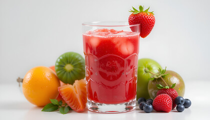 Strawberry fresh fruit juice glass and kiwi smoothie - Beverage with ice and strawberry and orange slices -  The drink is bursting with freshness
