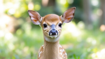 Close-up of a fawn in a natural setting.  Fawn's soft, light brown coat with white spots is contrasted against a blurred green background of foliage.  The fawn appears alert and curious,