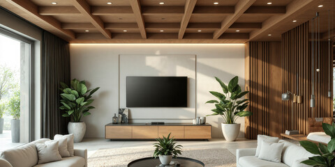 Wood Ceiling Living Room Interior Modern living room with beautiful wood ceiling TV comfortable sofa and green plants