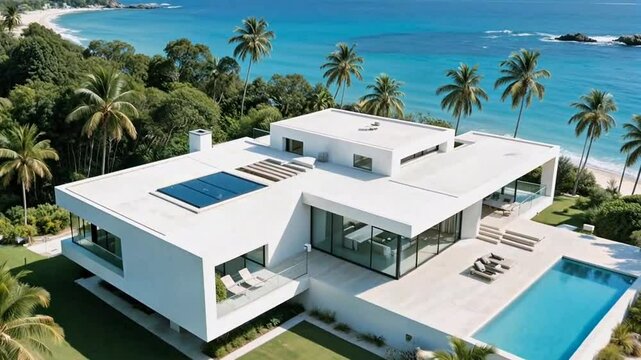 modern high-tech house on a tropical island surrounded by nature with palm trees and the ocean