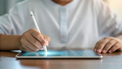 A child uses a stylus on a tablet, engaged in creative or educational activities, showcasing modern technology in a home environment.