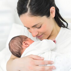 A smiling mother and her sleeping baby radiate love and happiness in their cozy bed