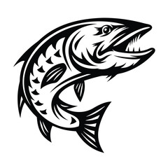 Monochrome Jumping Barracuda with Open Mouth, Sharp Teeth, and Detailed Fins Isolated