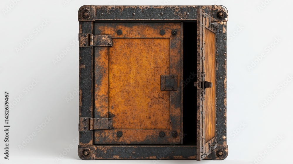 Poster empty metal safe with the door partially open, 3d render with a clean white background