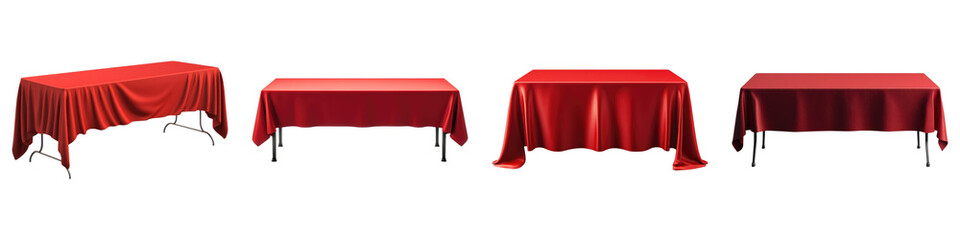 Long table with red table cloth Isolated on transparent background. PNG , Set of