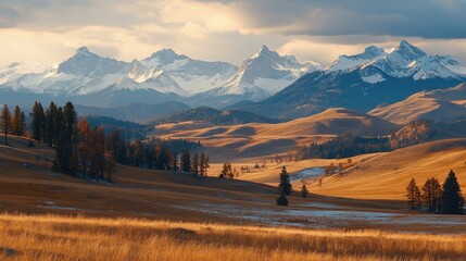 Majestic Mountain Range with Golden Autumnal Valley Scenic Landscape Photography
