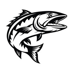 Barracuda Fish Jumping, Black and White Mascot Silhouette Style, Aquatic Animal Design