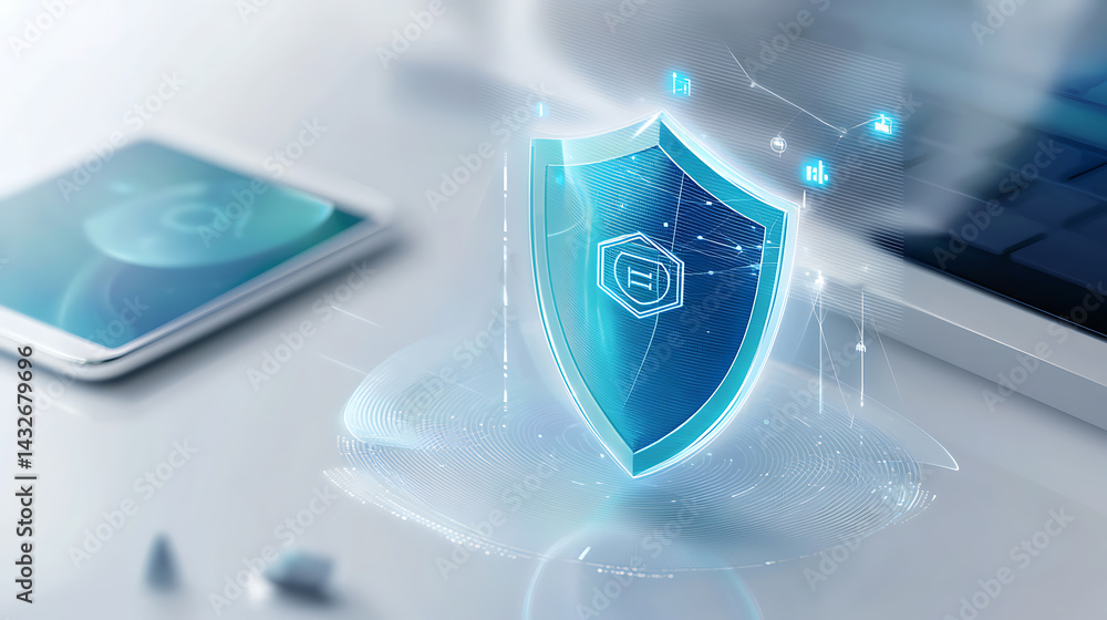 Poster cybersecurity measures in digital space protecting data with innovative shield technology