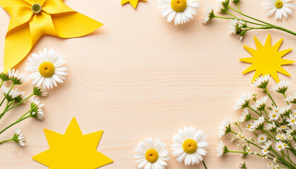 Obraz premium Floral arrangement with yellow decorations on wooden background 