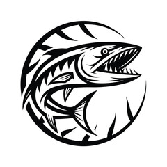 Barracuda Fish Silhouette with Sharp Teeth in a Circular | Black and White Design