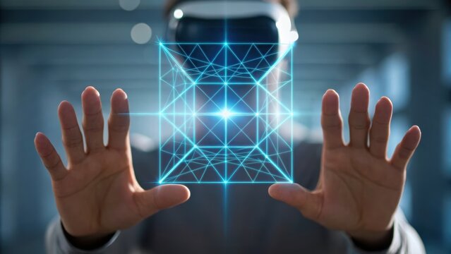 A person in a virtual reality headset interacts with a glowing holographic cube, showcasing technology and innovation.