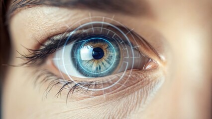 Close-up of a human eye with a digital overlay, suggesting technology and biometric identification.