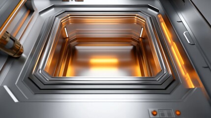 Fototapeta premium Half-open metal safe door revealing an empty interior, 3D render, on a white background