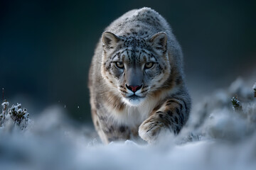Fototapeta premium Snow leopard prowls through snowy landscape Generative AI