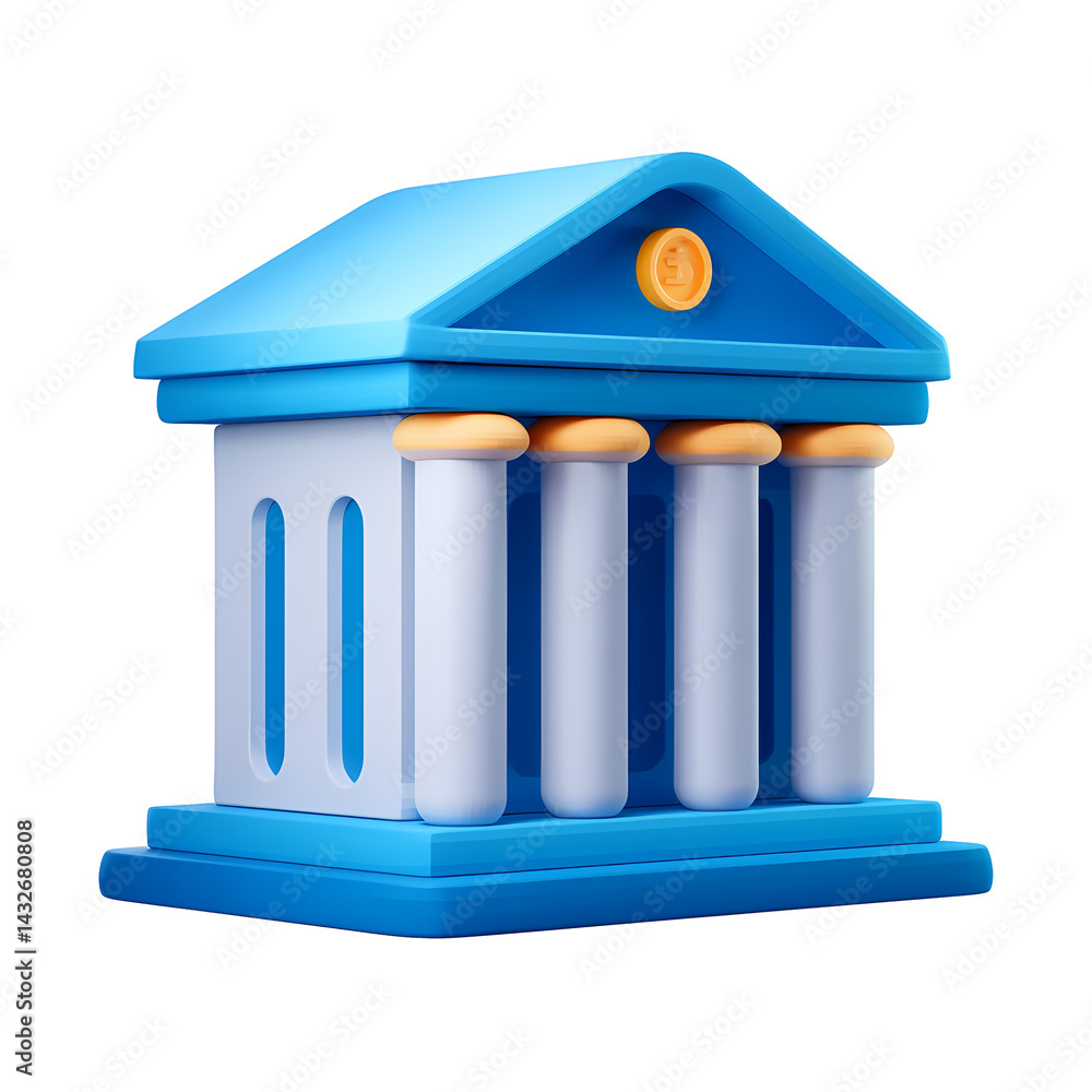 Poster stylized 3d render of a blue bank building with columns and coin icon