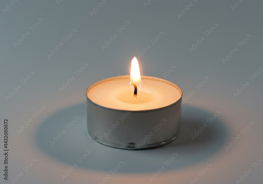 Poster a single small candle with a bright flame casting a soft shadow on a light colored surface