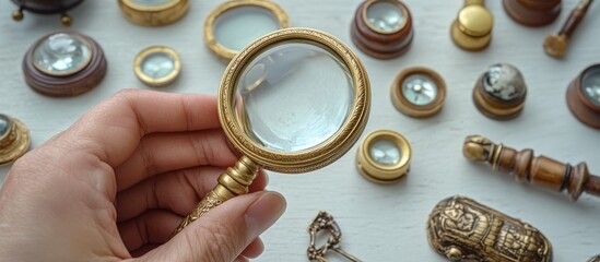 Hand holding antique magnifying glass, vintage items on white surface