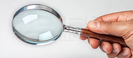 Hand holding magnifying glass on white background