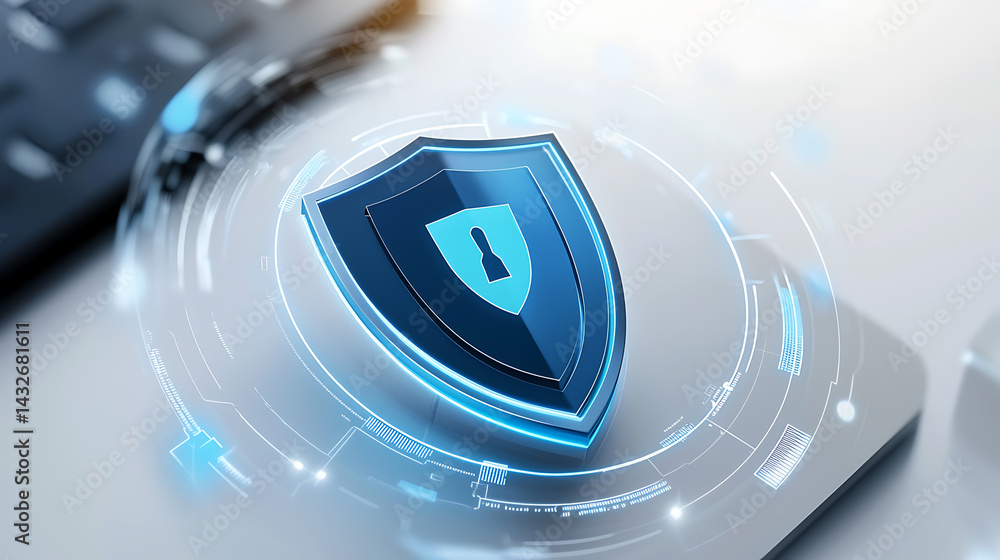 Poster cybersecurity shield icon digital workspace graphic design modern environment close-up data protecti