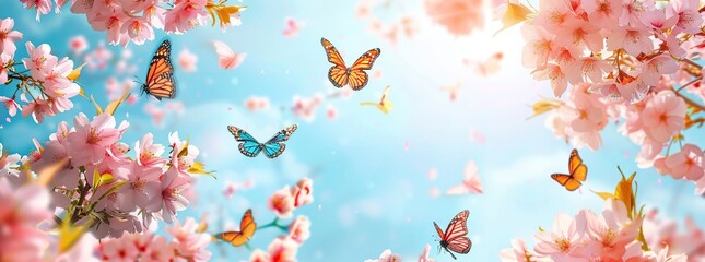 Butterflies flying in a flower field with bright sunlight