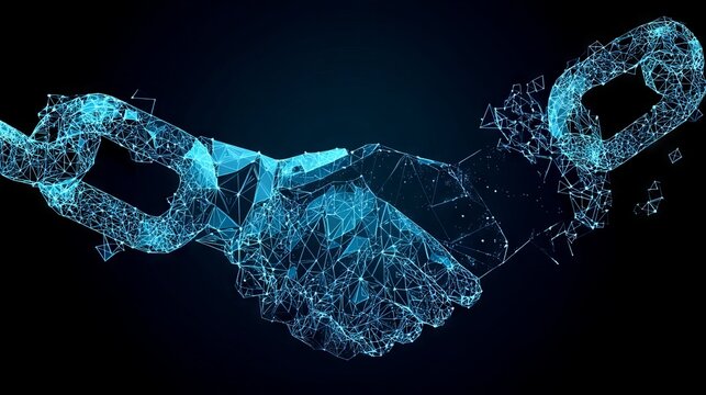 Low-poly blockchain handshake illustrating secure smart-contract agreement, polygonal point-line hands linked by glowing blue chain to represent decentralized ledger connectivity - Powered by Adobe