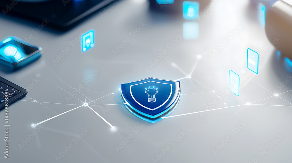 Poster enhancing digital security with shield icon and tech tools online workspace graphic design modern en
