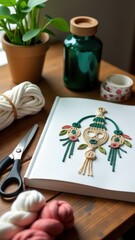 Fototapeta premium Elegant Macrame wall art on wooden table with crafting supplies and potted plant.