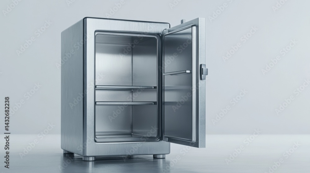 Poster metal safe with a half-open door and empty space inside, 3d render, white background