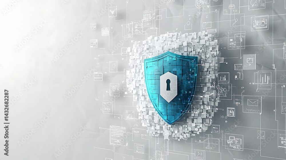 Poster protecting digital assets cybersecurity shield concept abstract technology environment modern design
