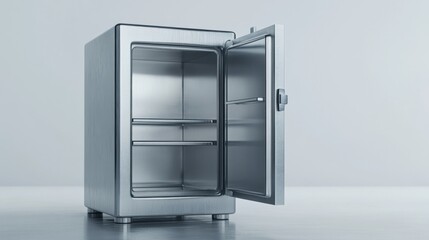 Metal safe with a half-open door and empty space inside, 3D render, white background