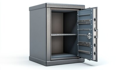 Metal safe with a half-open door and no contents inside, high-quality 3D render, white background