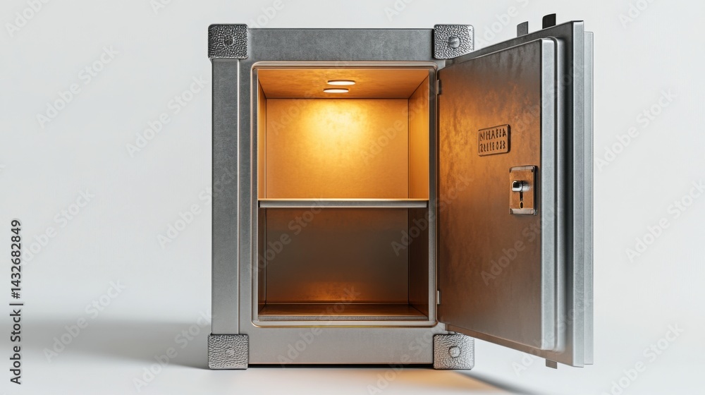 Poster realistic 3d render of a metal safe, door partially open, showing an empty interior, white backgroun