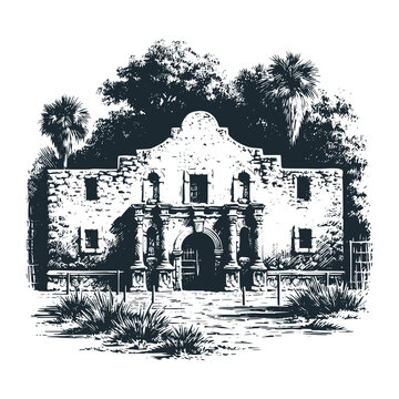 The Historic Alamo: An Ancient Fortress in Texas &ndash; Black and White Icon Vector and Illustration