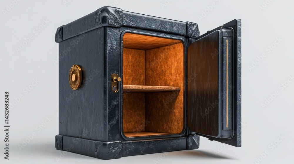 Poster realistic 3d rendering of a metal safe with the door half open, empty inside, clean white background