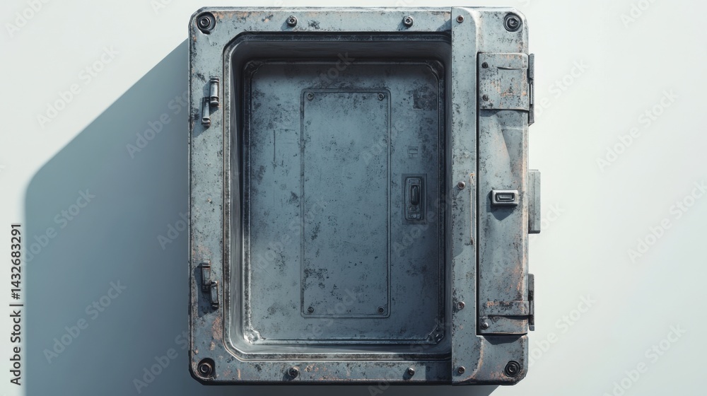 Aufkleber realistic 3d render of an empty metal safe with the door half open, white background with shadows
