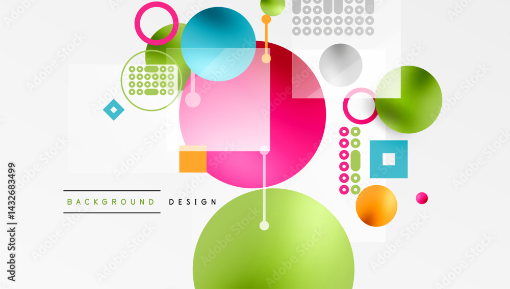 Fototapete Abstract colorful shapes overlap, creating dynamic composition. Circles, squares, lines form modern design. Bright hues contrast against white backdrop.