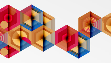 Fototapeta premium Geometric hexagons create repeating pattern. Warm colors dominate, with blue accents. Abstract design evokes modern aesthetic.