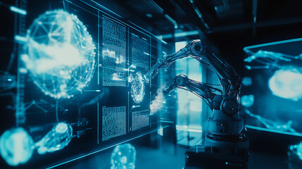 A robotic arm in a holographic interface lab, interacting with 3D data projections, Holo-tech style