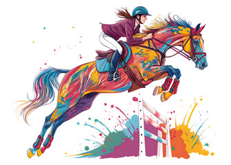 colorful splash art illustration horse and rider isolated on white background, PNG